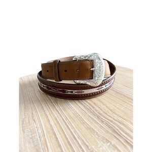 Tony Lama Men's Brown Leather Western Belt Braided Southwestern Buckle Size 44